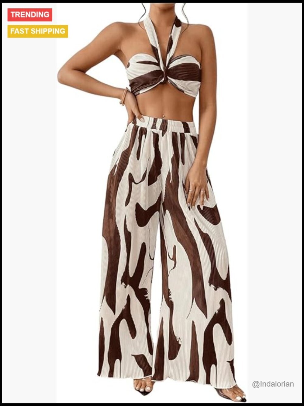 2 Piece Vacation Outfit Graphic Print Knitted Crop Halter Top Wide Leg Pants Set
